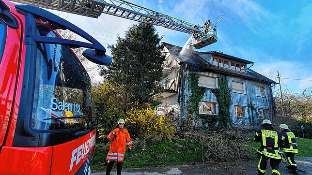 Einsatzkräfte der Freiwilligen Feuerwehr Salem löschen das Feuer.