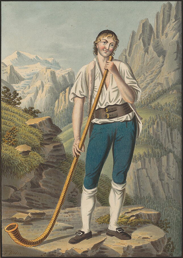 Ebenfalls von Lory: ein Bauer aus Oberhasli (1805) &ndash; stilecht mit Alphorn.