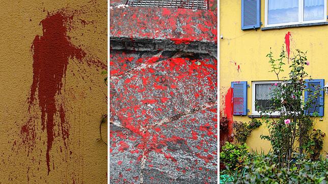 (Archivbild) Kurz nach der Tat im Oktober 2020: Die Hausfassade und der Eingangsbereich tragen noch deutliche Spuren der Farbbeutel-Würfe.