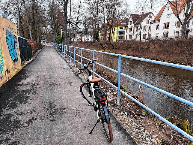Damit keiner in den Bach fällt: Ein schönes neues Geländer sichert den Brigachradweg. Rechts die Bebauung der Friedrichstraße.