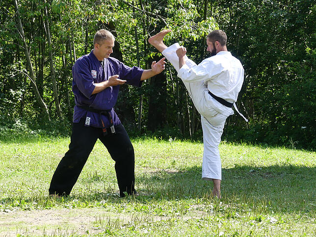 Während des Trainings werden Schläge und Tritte, aber auch Würfe und Abwehrmaßnahmen trainiert.