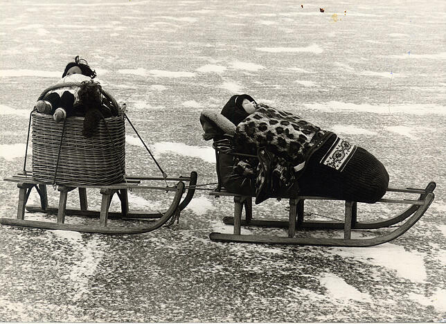 Kinderwagen auf Kufen im Jahr 1987.
