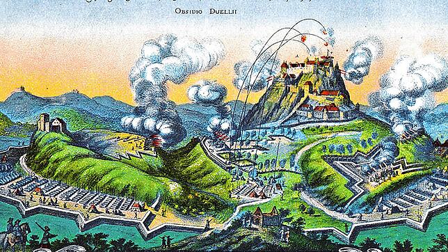 Eine zeitgenössische Darstellung zeigt die Belagerung der Festung Hohentwiel (&ldquo;Obsidio Duelli&ldquo;) durch fremde Truppen.