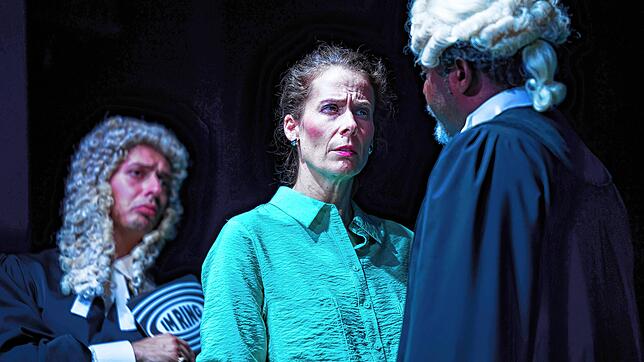 Professor Ruth Wolff (Anna Eger) im Kreuzverhör (mit Julian Mantaj, links, und Ramsès Alfa, rechts): „Die Ärztin“ basiert ...