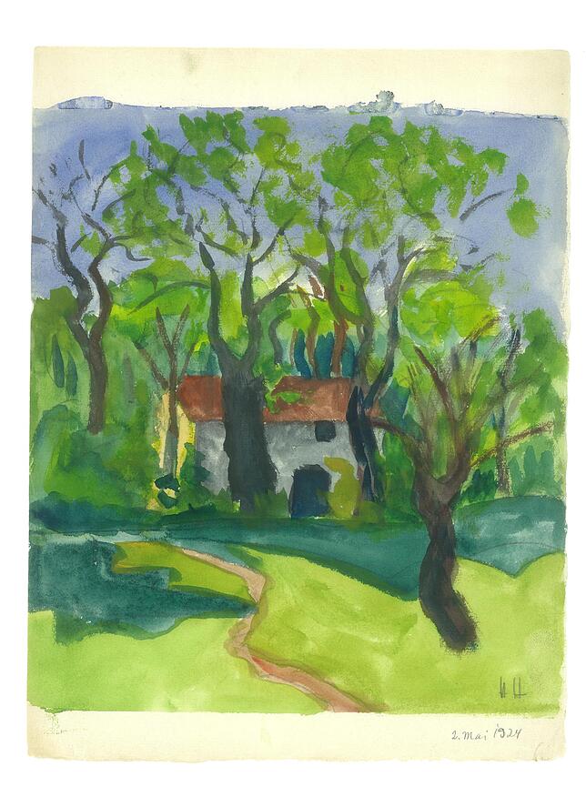 &bdquo;Haus im Wald&ldquo;, entstanden, am 2. Mai 1924, ist in der Ausstellung ebenfalls zu sehen.