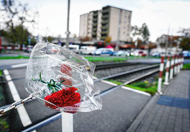 Ein Strauß mit ein paar Nelken steckt in einer Umzäunung am Rande eines der Tatorte. Bei einem Messerangriff sind in Ludwigshafen zwei ...