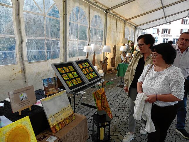 Kleine und große Kunstwerke präsentieren Malerinnen und Maler auf der Laufenbrücke.