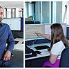 Sie arbeiten schon ohne feste eigene Schreibtische: Volksbankmitarbeiter Matthias Kloiber (linkes Bild) sowie (Bild rechts, von links) ...