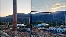 Der Schornstein der alten Teppichfabrik Wehra ist abgerissen worden. Am Morgen des 7. August 2025 (rechts) ist außer Schutt nichts mehr ...