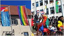 Vor dem Rathaus in Sipplingen (links) weht die Regenbogenfahne seit Februar dauerhaft. In Friedrichshafen zeigt das Rathaus &ndash; wie ...