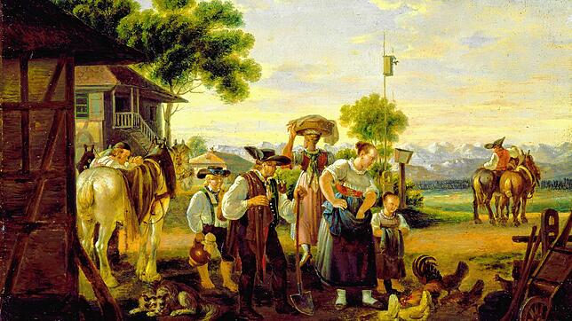 Beispiele typisch schwäbischer Genremalerei im 19. Jahrhundert sind (links) Johann Baptist Pflugs „Morgen auf einem Bauernhof im Allgäu“ ...