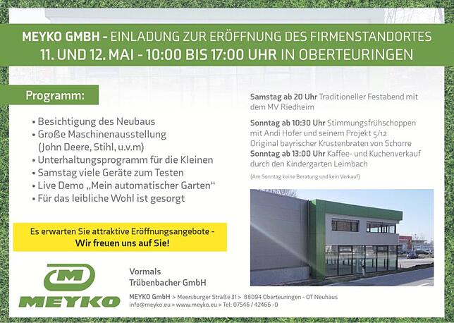 Bild 1: Neueröffnung und Umfirmierung zu MEYKO: Großes Festwochenende zur Neueröffnung am 11. und 12. Mai mit Leistungsschau und Blasmusik
