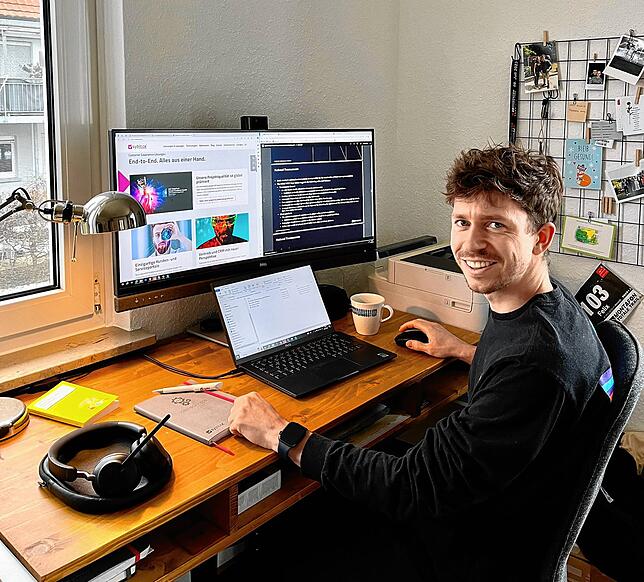 Felix Wollny, Mitarbeiter von Sybit in Radolfzell: &bdquo;Als frisch gebackener Papa kann ich Arbeit und Familie dank Homeoffice gut ...