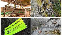 Bauarbeiten rund um die seit Jahren gesperrte Marienschlucht: (von links oben nach rechts unten) das Treppenmodell, eine Absperrung, ein ...