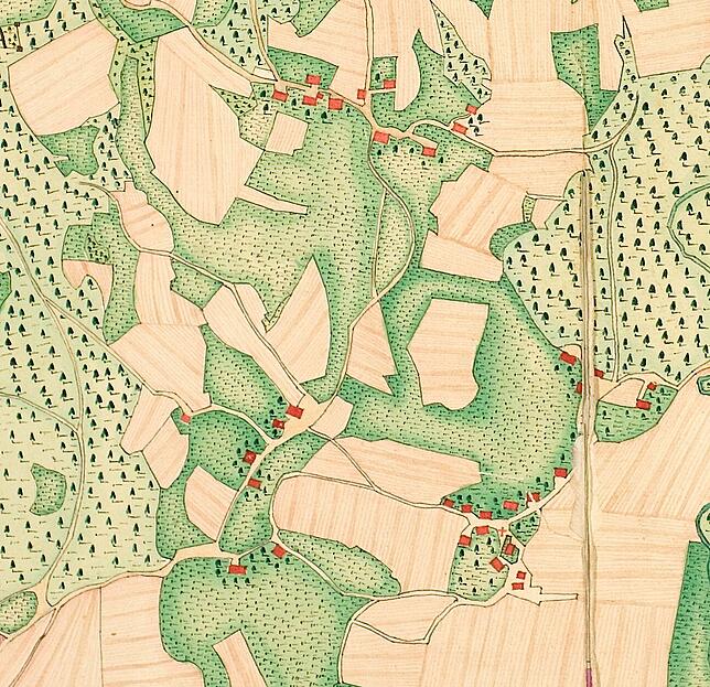 Im Ausschnitt aus der Karte des Geometers Joseph Fridolin Kunzelmann von 1779 sind neben den früheren Nutzungsarten die damaligen ...
