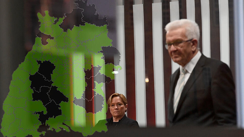 Grün und Schwarz färbt sich die Karte mit den Wahlkreisen in Baden-Württemberg bei der Landtagswahl 2021. Die Köpfe hinter den Farben: ...