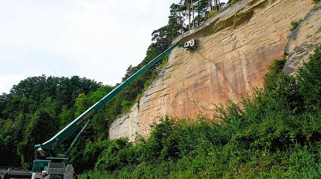 Rund 25 Meter über dem Grund liegt das neue Zuhause der Waldrappe in der Felswand.