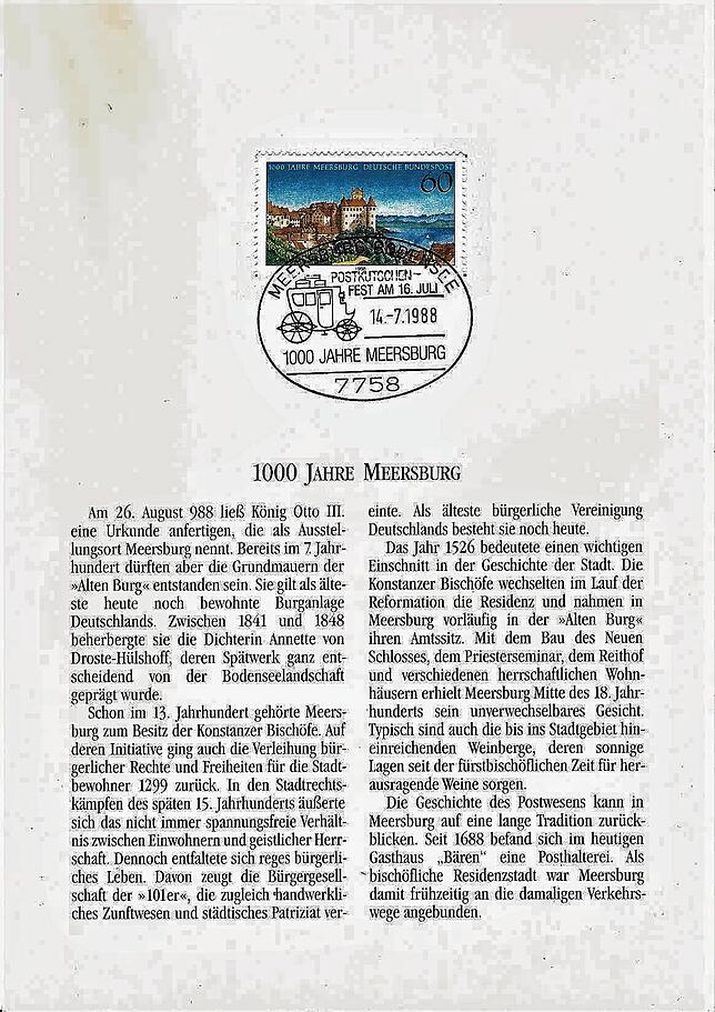 Die 60-Pfennig-Sonderbriefmarke der Post zu &bdquo;1000 Jahre Meersburg&ldquo; wurde mit Stempel und Erläuterungen zum chronologischen ...
