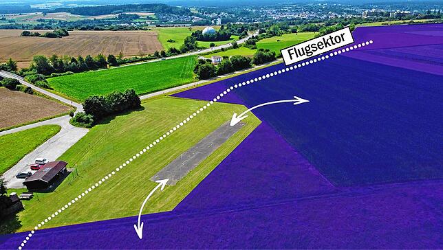 Wenn die Solarpanels, wie in der lila Fläche dargestellt, bis dicht an das Modellfluggelände aufgestellt werden, ist der Flugsektor für ...
