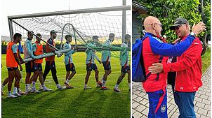 Linkes Bild: Die spanischen Stars tragen das Tor beim ersten Training. Am Samstag trainierten die Iberer das letzte Mal auf dem ...
