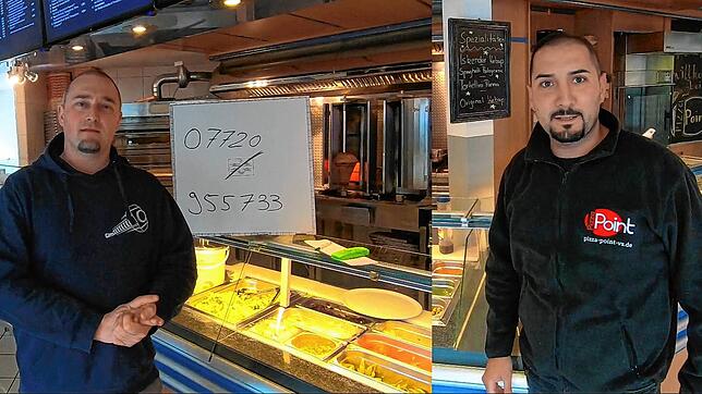 Lars Wührmann, Vorstandsmitglied der Neckar Hammers (links) und Burak Özce vom Pizza Point freuen sich darauf, den Helfern in der ...