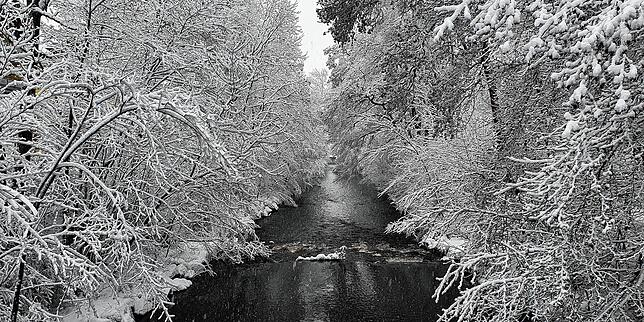 Die Brigach in Villingen fließt durch eine tolle Winterlandschaft.