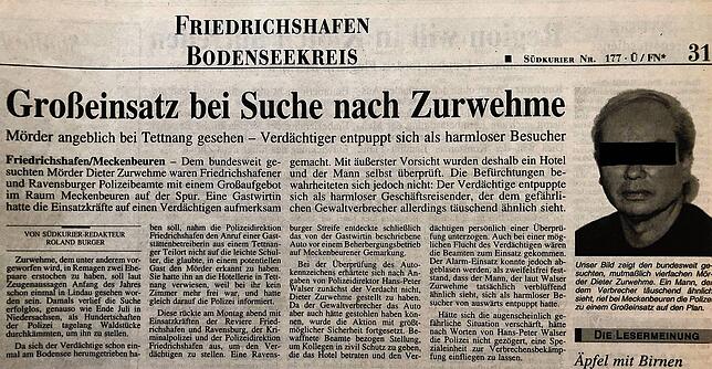 So berichtete der SÜDKURIER am 4. August 1999 von der Suchaktion im Bodenseekreis. Grund war der Hinweis einer Gaststättenbetreiberin.