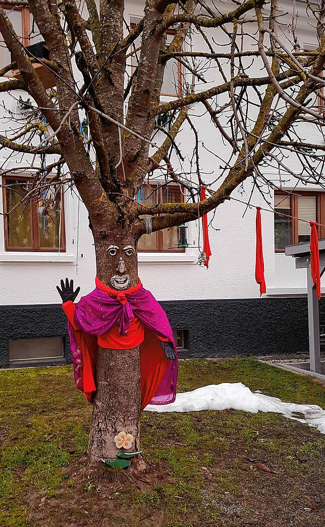 Nicht nur Tannenbäume lassen sich in einen Narrenbaum verwandeln, wie dieses gelungene Beispiel in der Otto-Efferenn-Straße in der Nähe ...