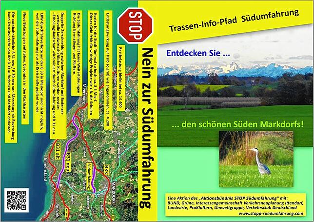 Das ist das Original: Ein Flyer der Initiative gegen die Südumfahrung Markdorf, wie sie am Infopfad im Süden der Stadt zur Verfügung ...