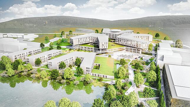 Der Campus des Zentralklinikums Lörrach mit dem Komplex der Kreiskliniken mitsamt dem begrünten Sockel (Mitte) und dem Zentrum für ...
