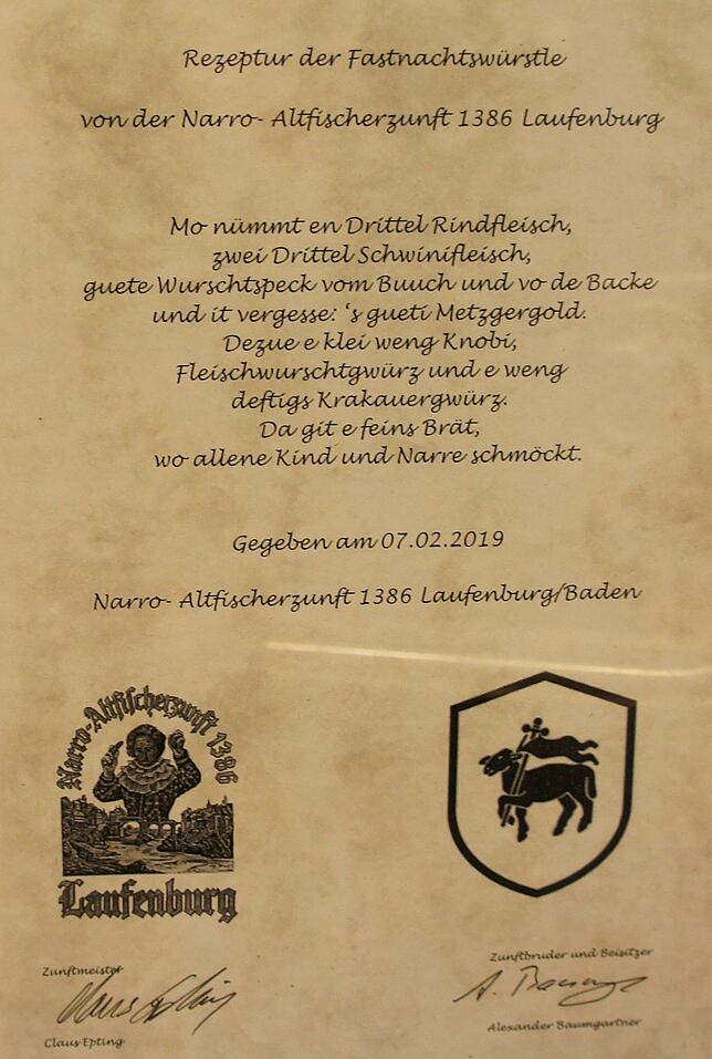 Das Rezept der Fasnachtswürstle der Narro-Altfischerzunft 1386 Laufenburg in alemannischer Mundart.