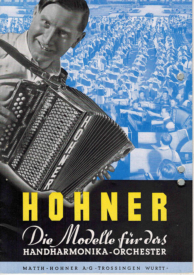 Hermann Schittenhelm auf einem Werbeplakat der Firma Hohner von 1936.