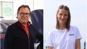 Links: Unternehmer Frank Obrist aus Lindau, rechts: Isabell Armbruster aus Kressbronn mit der elektrischen Finne ihrer Firma „Jaykay“.