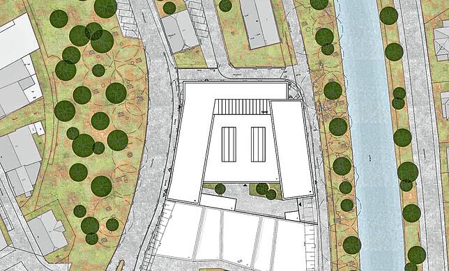 Diese Planskizze zeigt oben die drei Baukörper des künftigen Amtsgerichtsgebäudes zwischen Kaiserring (links) und Brigach (rechts). ...