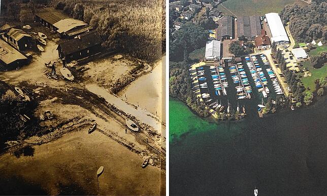 Luftaufnahmen der Martin Werft von 1960 (links), als Joseph Martin senior die Werft noch führte, und von 2010 (rechts) mit den ersten ...