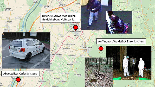 Die Grafik der Polizei Freiburg zeigt die verschiedenen Tatorte im Fall einer 2003 ermordeten Frau. Staatsanwaltschaft und Polizei haben ...