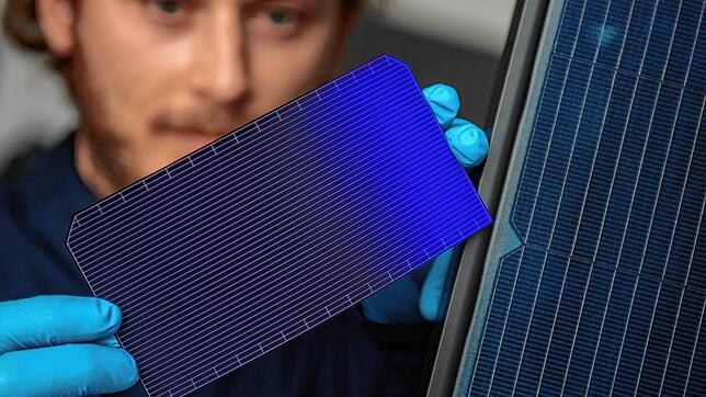 Franz Ortlepp, Leiter Technologie und Zellfertigung von Meyer Burger, zeigt im Werk in Thalheim (Sachsen-Anhalt) eine hier produzierte ...