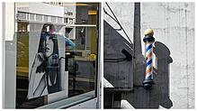 Links ein Schaufenster eines Friseursalons in Waldshut-Tiengen und rechts die für Barbershops typische rot-weiß-blaue Säule an einer ...