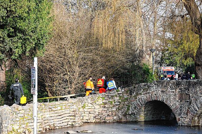 Rettungskräfte und Kriminaltechniker gehen in der Nähe des Tatortes in Aschaffenburg eine kleine Brücke hinauf.