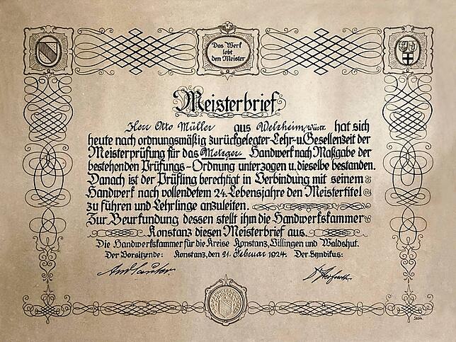 Firmengründer Otto Müller hat im Jahr 1924 seinen Meisterbrief erhalten.