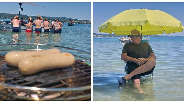 Mit dem Picknickstuhl im knietiefen Wasser sitzen, Würstchen grillen und eine gute Zeit mit Freunden mitten auf dem See auf dem Grund ...
