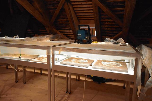 Die Schaukästen in der Schlosstorkel sind teilweise schon mit Fossilien bestückt, aber abgedeckt, weil noch Arbeiten laufen.
