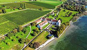 Fantastische Lage: Das Schloss Maurach (rechts) am Fuße der Basilika Birnau direkt am Bodensee.