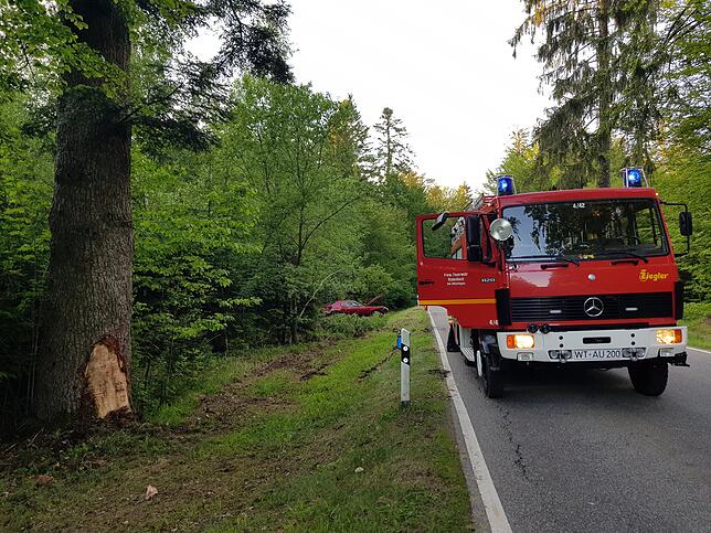 Gegen diesen Baum ist ein Plymouth Road Runner geprallt nachdem er von der Fahrbahn abkam und einen Begrenzungspfosten vom Fundament ...