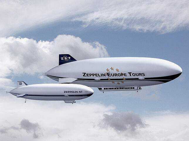 Der Zeppelin NT (klein) im Größenvergleich mit dem ZET-Luftschiff, das Platz für 45 Passagiere bieten sollte. Zehn große Luftschiffe ...