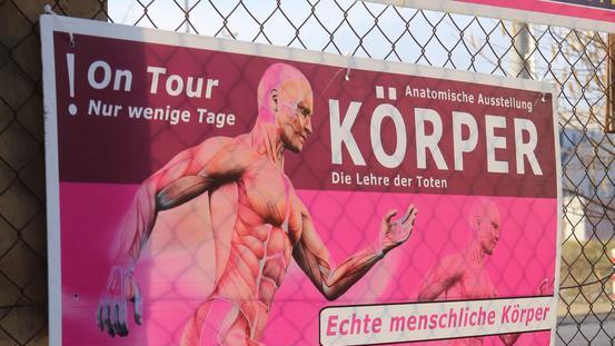 Viel Werbung in Konstanz um eine umstrittene Ausstellung, aus der dann nichts wurde: &#8222;Körper &#8211; die Lehre der Toten&#8220;.