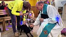 Die kleine Fee erhält von Pfarrer Guido Palazzari den Segen, während Wasserhund Betsy, geführt von Petra Wuttke, gerne noch weiter ...