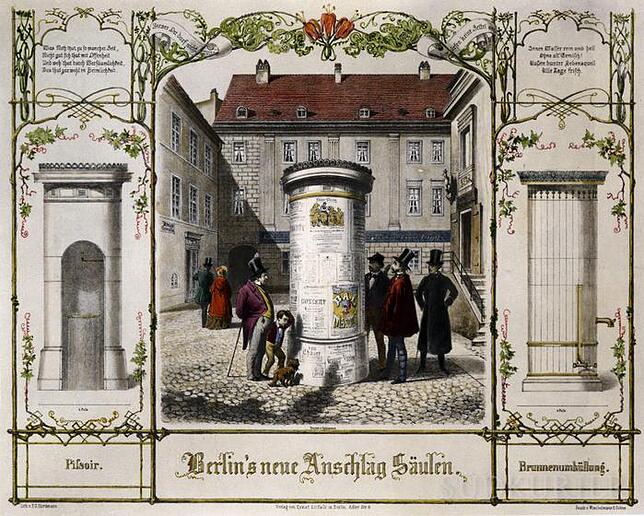 Lithographie um 1855, "Berlins neue Anschlag-Saeulen"