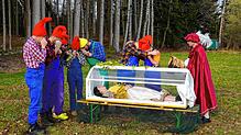 Happy, Schlafmütz, Pimpel, Hatschi, Brummbär, Seppl und Chef vom Musikverein hoffen auf Prinz Edelmut, um Schneewittchen zum Leben zu ...