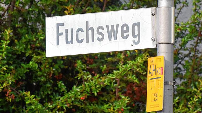 Ein Straßenschild vom Fuchsweg in Ludwigshafen. Dort und in anderen Straßen laufen wildlebende Füchse herum.